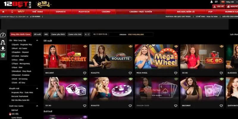 Giao diện hiện đại của trang web 12bet.com